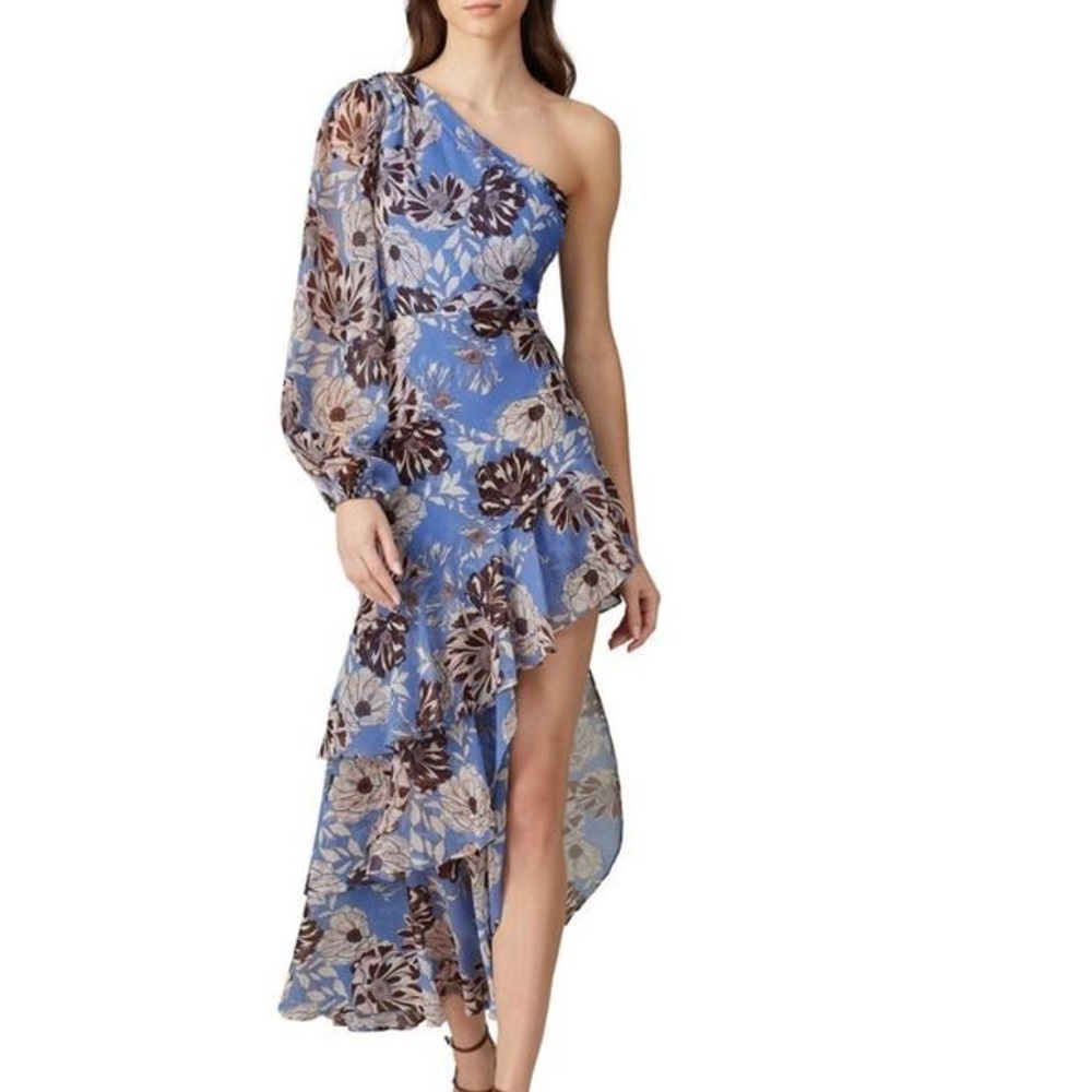 Alexis Blue Floral Ruffle Maxi Cocktail Dress